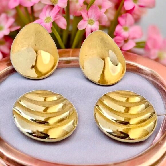 Gold Tone Pierced Stylish Statement Vintage Earrings Shiny Posts Lot of 2 - Picture 1 of 9